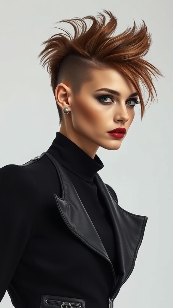 A model showcasing a bold asymmetrical wolf cut hairstyle with warm tones and styled upwards.