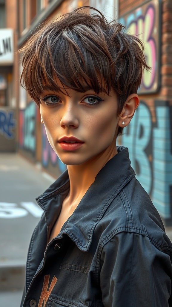 A model with short shaggy hair and bold bangs, showcasing a trendy hairstyle against a colorful urban backdrop.
