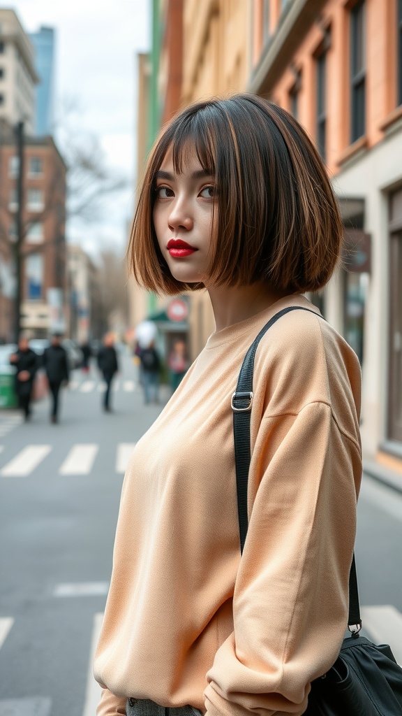 A young woman with a bold bob cut and red lips, standing on a city street.