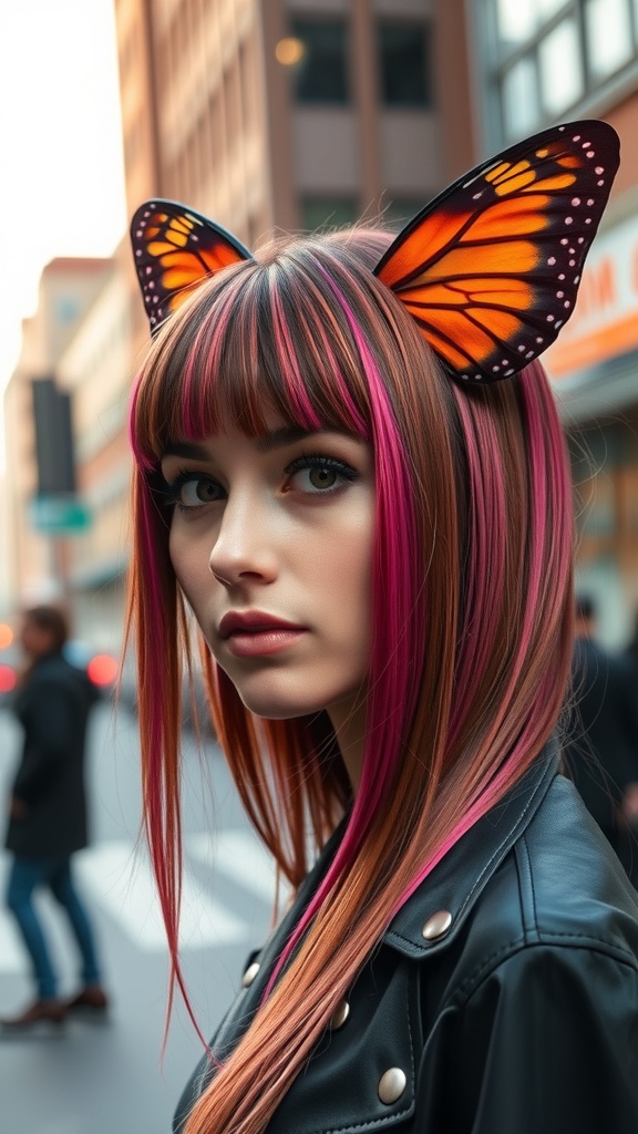 A young woman with bold butterfly bangs and vibrant pink and orange hair, standing in a city setting.