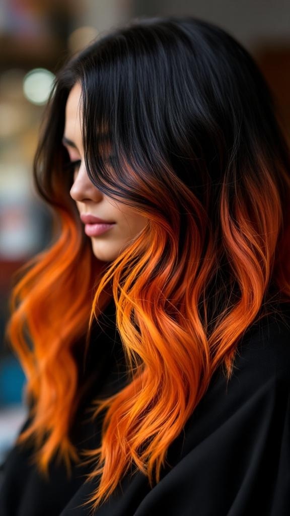A woman with black and orange ombre hair styled in waves.