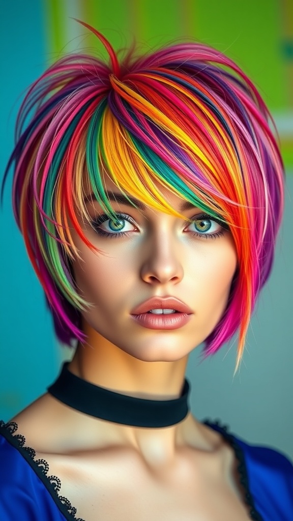 A person with a short shag hairstyle featuring vibrant colors like pink, yellow, and blue.