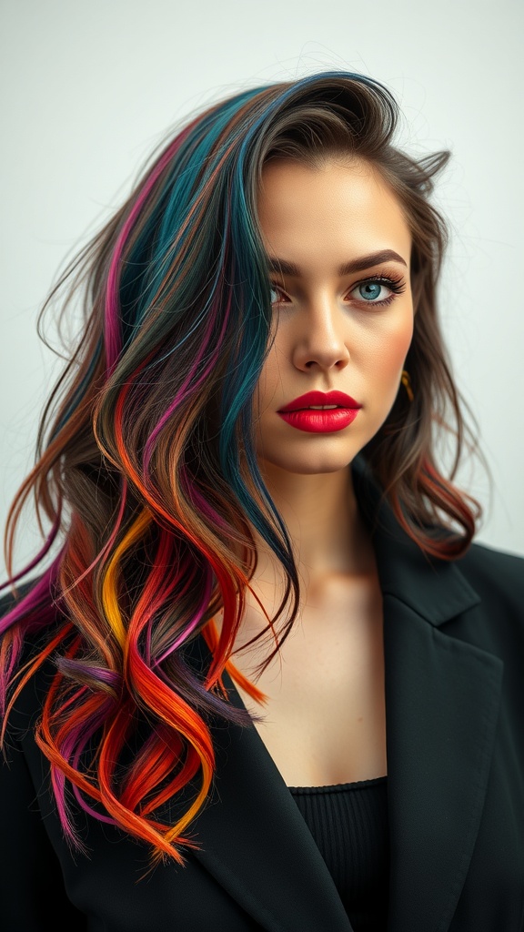 A woman with bold color highlights in her hair, featuring vibrant blue, pink, and orange shades.