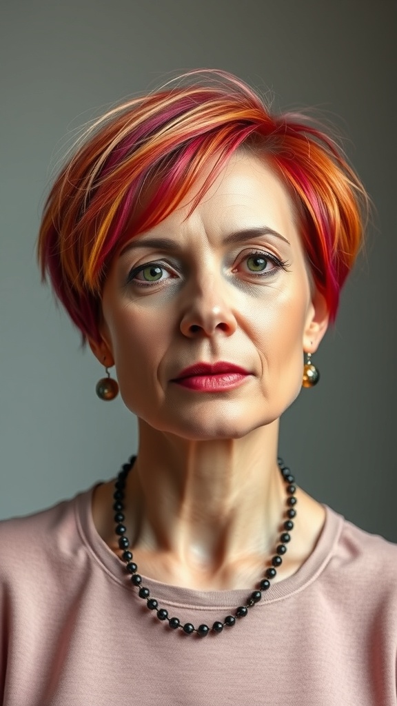 A woman with short hair featuring bold color highlights in shades of red and pink.