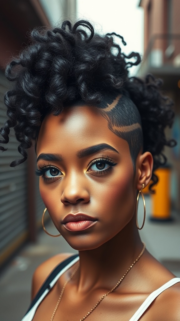 A woman with a bold curly mohawk hairstyle, featuring defined curls on top and shaved sides.