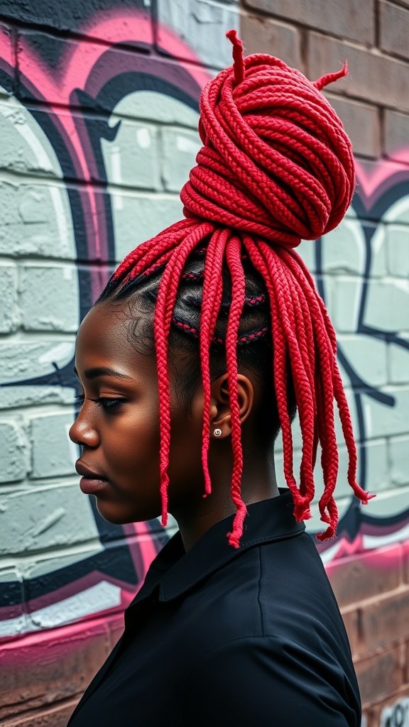 A person with bright red locs styled in a high bun, showcasing a bold and vibrant hairstyle against a graffiti background.