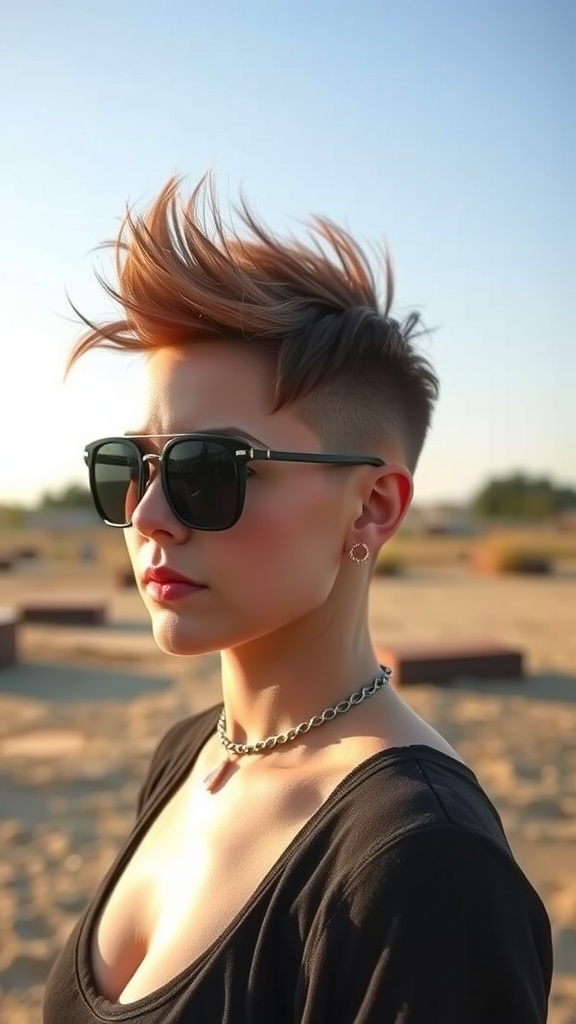 A woman with a bold pixie cut styled upwards, wearing sunglasses and a black top, set against a sunny outdoor background.