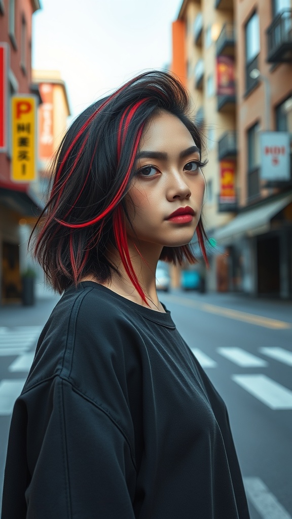 A person with dark hair and bold red streaks, standing in an urban setting.