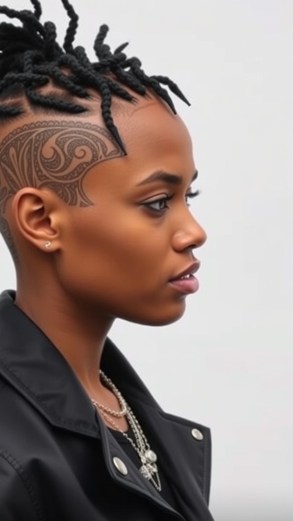 A profile view of a person with locs and a bold shaved side featuring intricate designs.