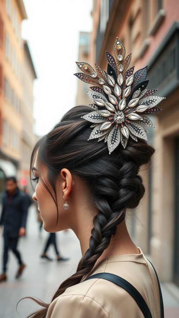 A woman with a bold side braid and a stunning hairpiece, walking in a city street.