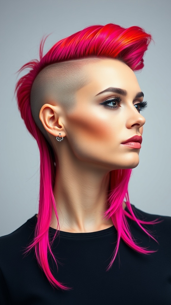 A person with a bold side shave hairstyle featuring vibrant pink and orange hair.