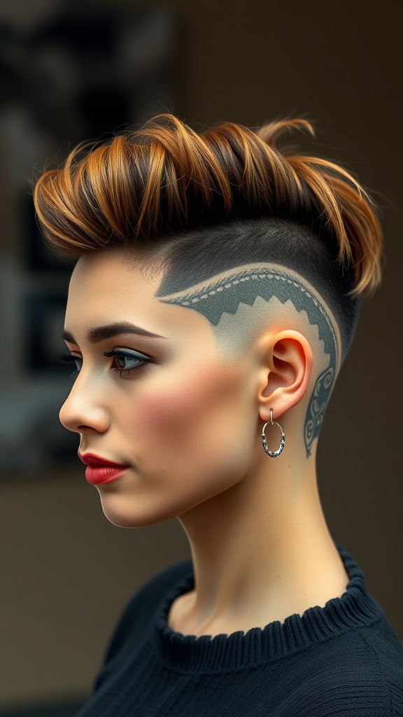 A woman with a bold undercut hairstyle featuring intricate designs shaved into the sides and longer hair on top, styled with a vibrant color.
