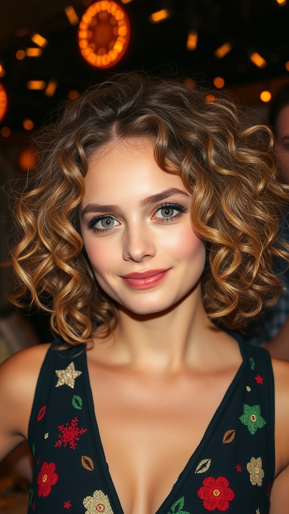 A woman with bouncy curls smiling, showcasing a hairstyle that adds volume to thin hair.