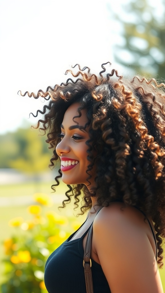 A woman with bouncy curly hair smiling outdoors