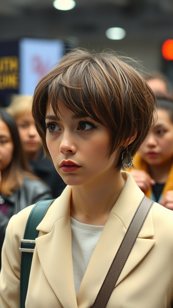 A young woman with a bowl cut hairstyle, looking slightly out of place in a crowd.