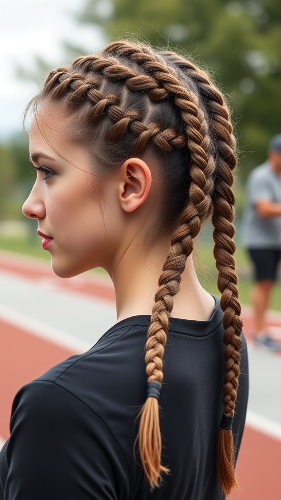 A woman with boxer braids and baby braid accents, showcasing a sporty and stylish hairstyle.