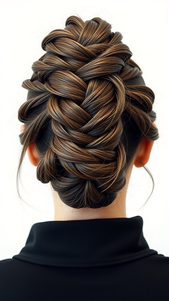 A beautifully styled braided bun with rich brown tones, showcasing intricate braids woven into a neat bun.