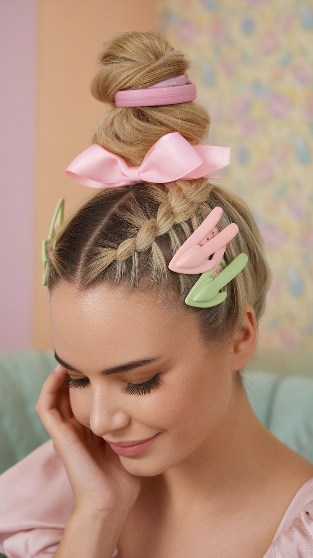 A woman with a high bun hairstyle decorated with a pink bow and colorful clips, featuring braids on either side.