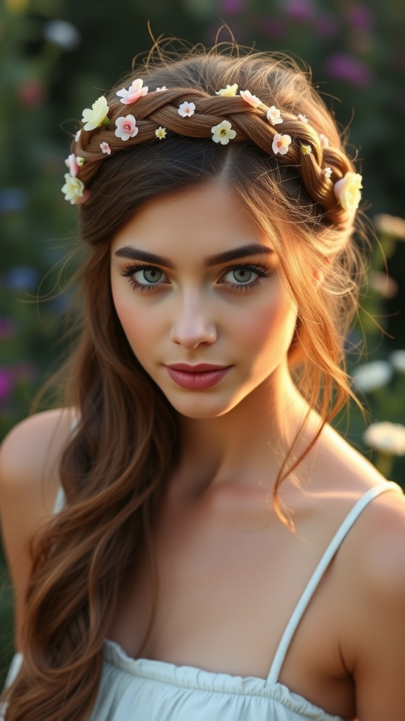 A woman with long hair styled in a braided crown adorned with flowers.