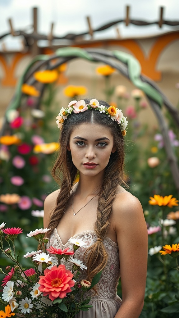 A woman with a braided crown hairstyle, holding flowers in a garden.