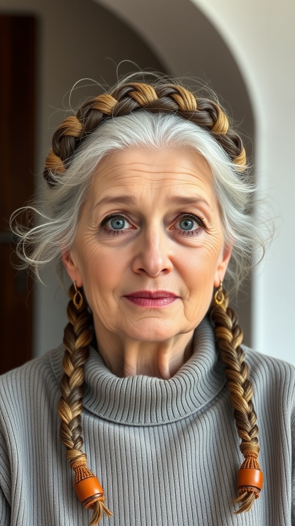 A woman over 60 with a braided crown hairstyle, featuring gray and blonde hair, wearing a gray sweater and earrings.