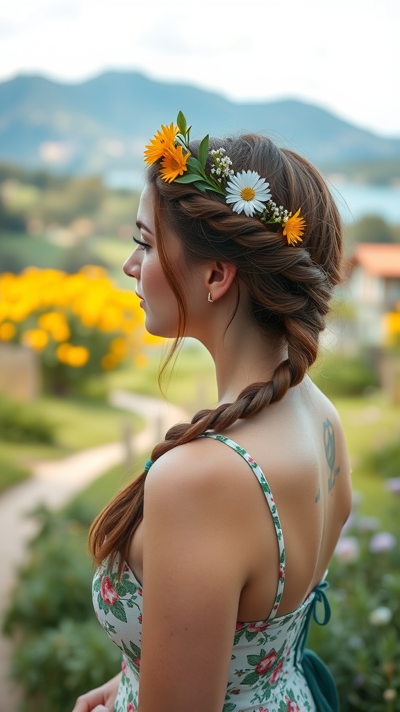 A woman with a braided crown hairstyle adorned with flowers, set against a scenic background.