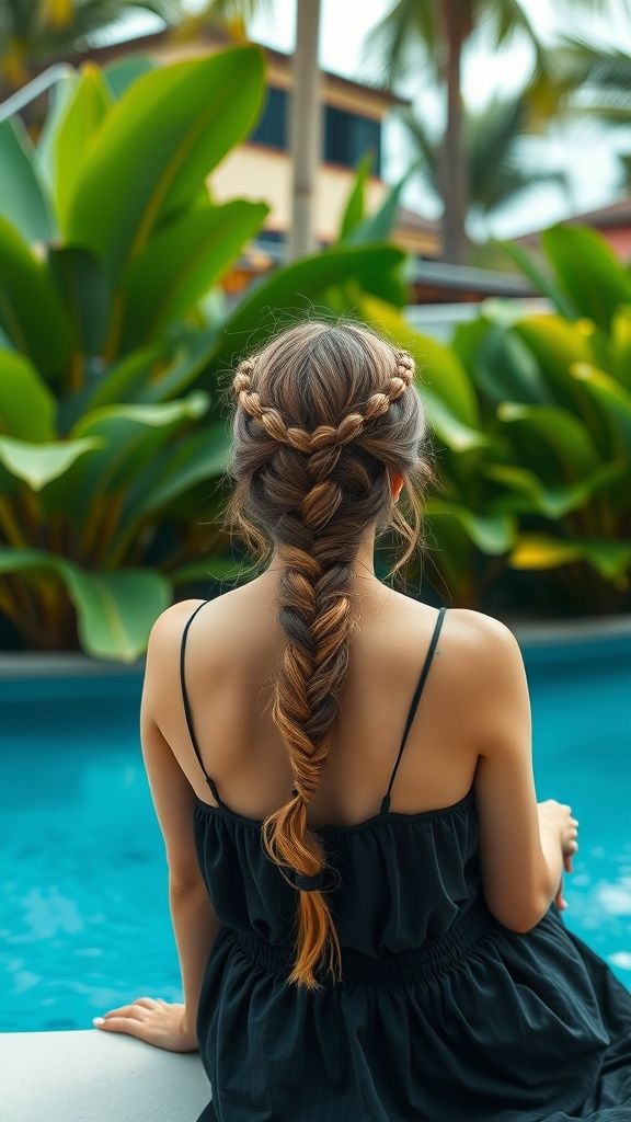 A woman with a braided crown hairstyle and colorful flowers, sitting by a pool surrounded by palm trees.