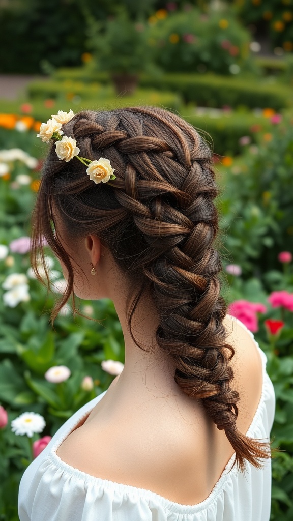 A woman with a braided crown hairstyle adorned with small flowers, surrounded by colorful flowers in a garden.