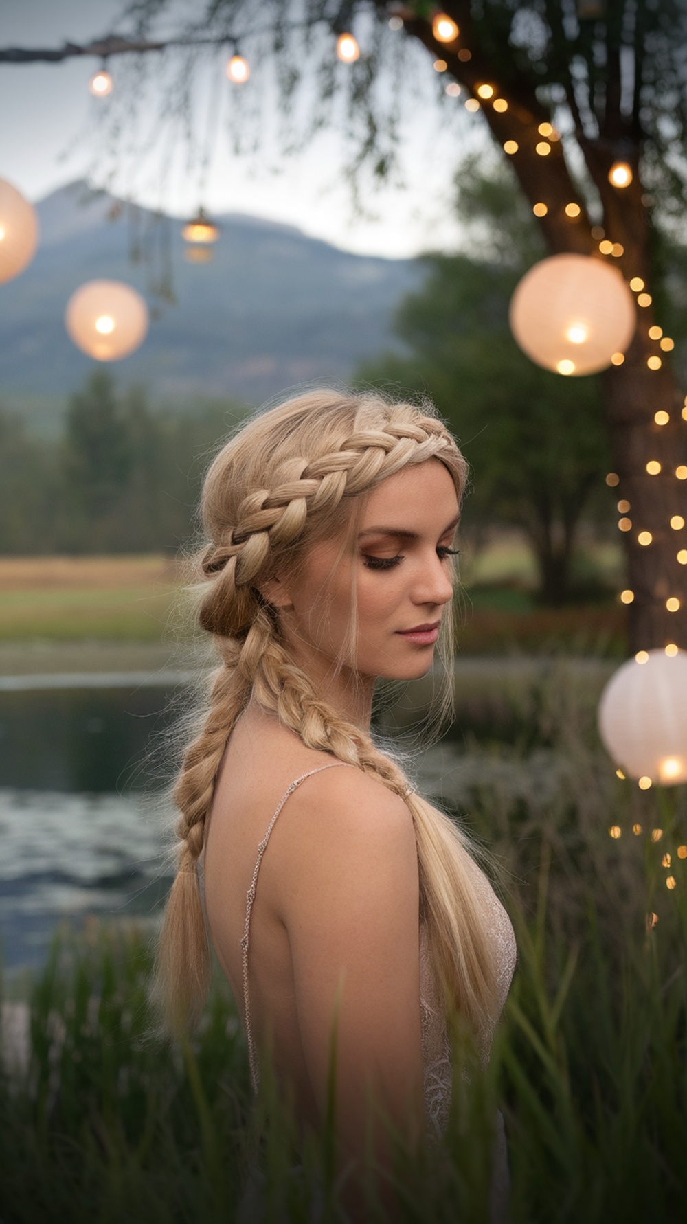 A woman with a braided crown hairstyle, standing by a serene water body, surrounded by soft lighting and greenery.