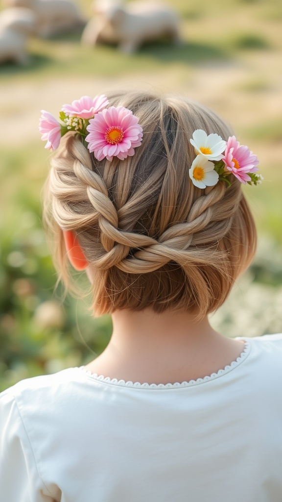 A braided crown hairstyle on short hair with flowers