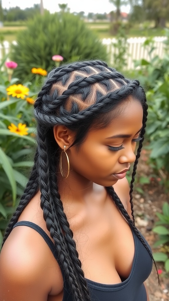 A woman with a braided crown hairstyle, showcasing intricate braids against a backdrop of flowers.