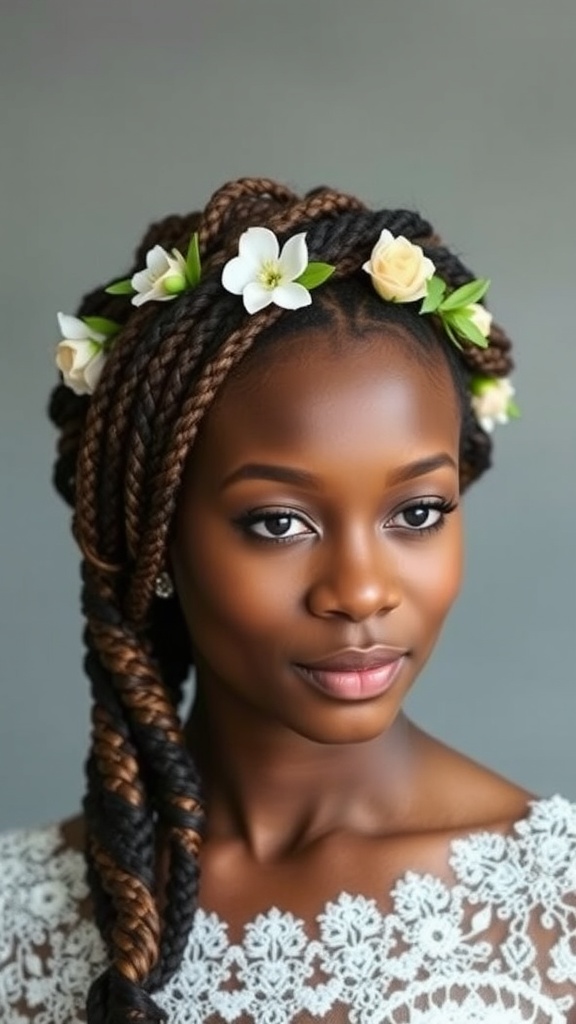 A woman with braided locs styled in a crown, adorned with flowers.