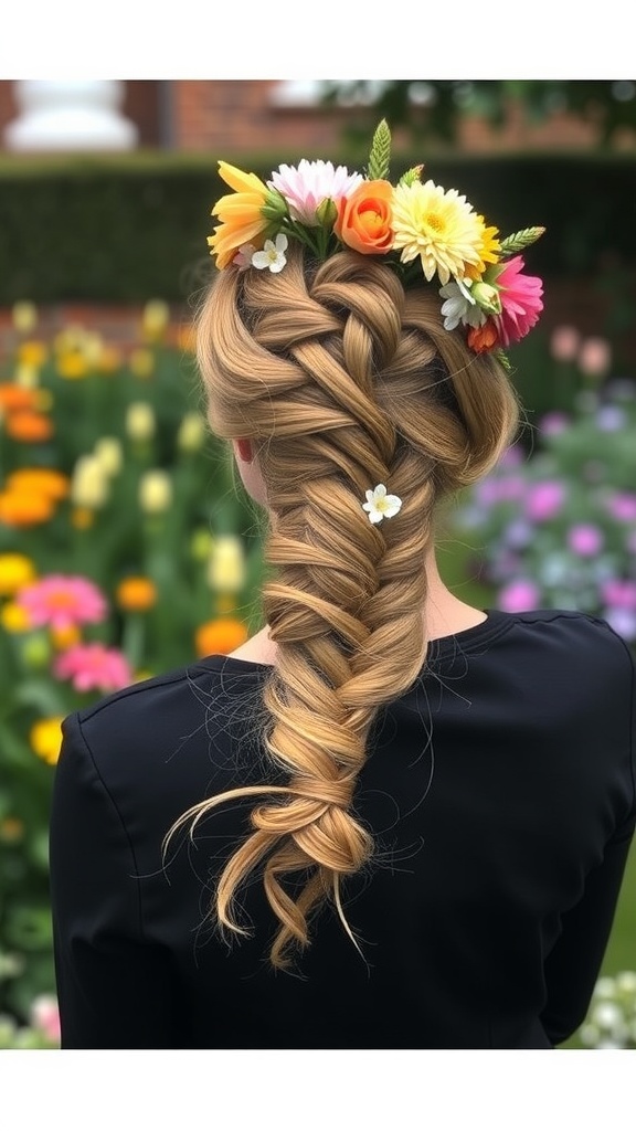 A braided crown hairstyle adorned with colorful flowers, set against a backdrop of blooming flowers.