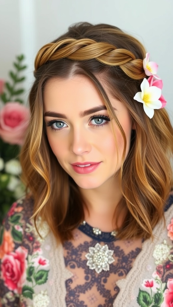 A woman with shoulder-length blonde hair styled in a braided crown with loose ends and floral accents.