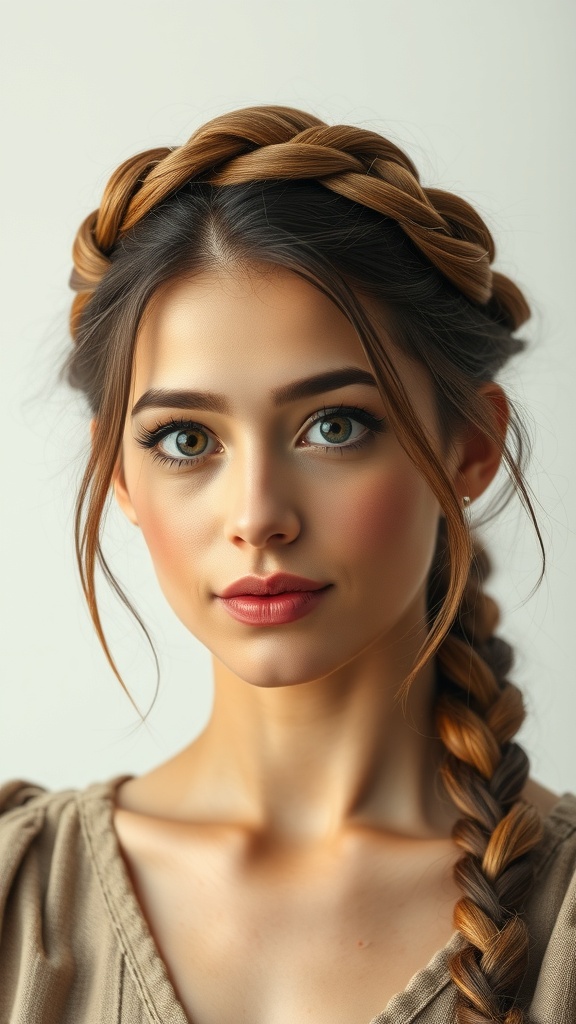 A woman with a braided crown hairstyle and loose ends, showcasing a soft and elegant look.