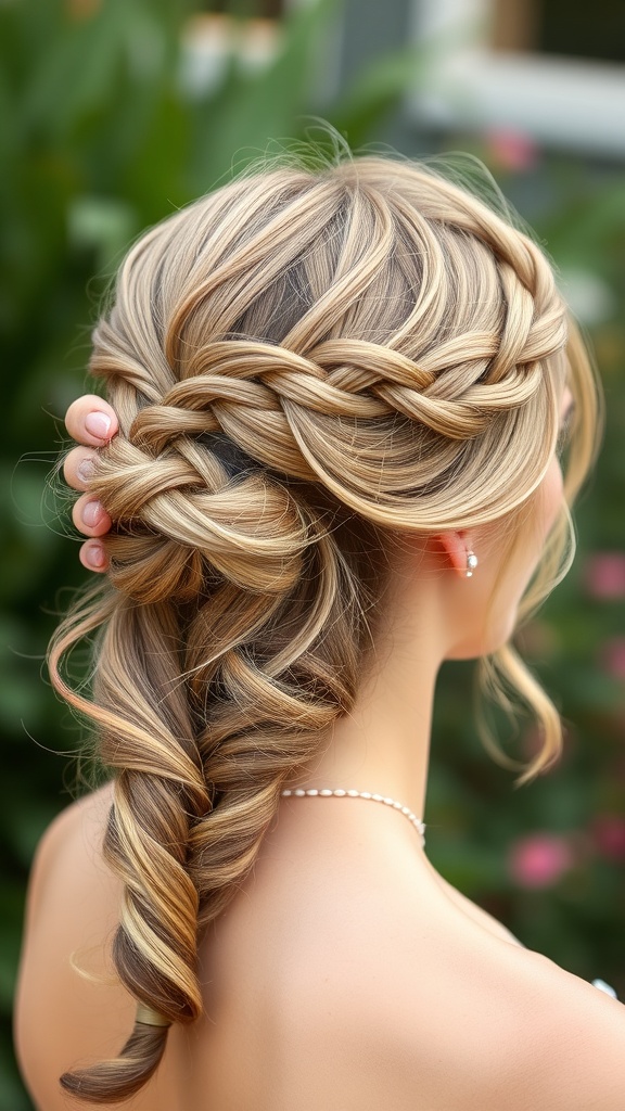 A beautiful braided crown hairstyle with loose tendrils, showcasing elegance and a bohemian touch.