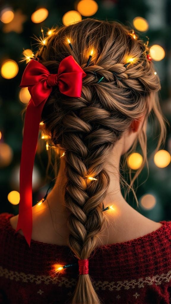 A braided crown hairstyle decorated with lights and a red ribbon.