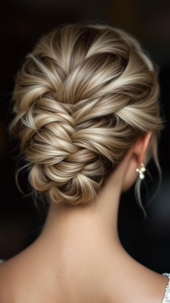 A close-up view of a braided ear-length updo hairstyle, featuring intricate braids and soft blonde tones.