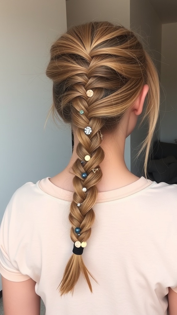 A braided hairstyle with colorful beads and charms, showcasing a grunge aesthetic.