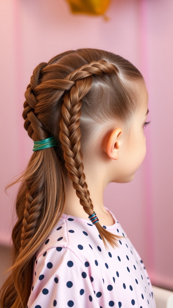 A child with braided half-up half-down hairstyle, featuring two braids secured with colorful hair ties.