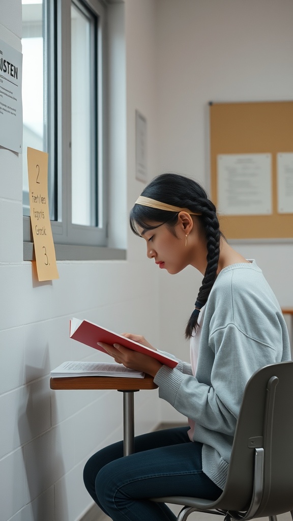 A student reading a book with a braided headband hairstyle