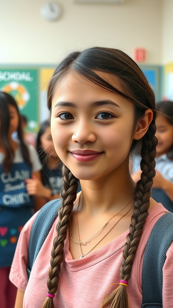 A girl with braided pigtails smiling at school