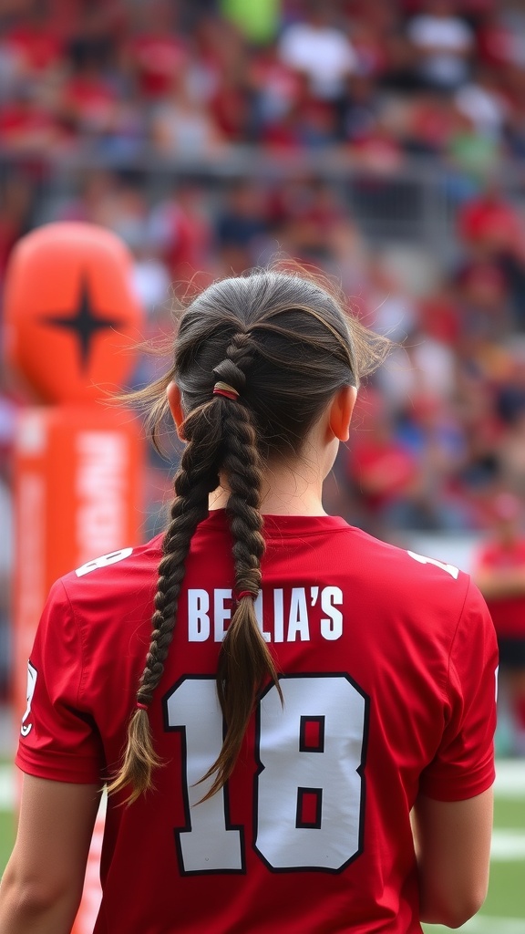 A girl with two braided ponytails in a gym setting.