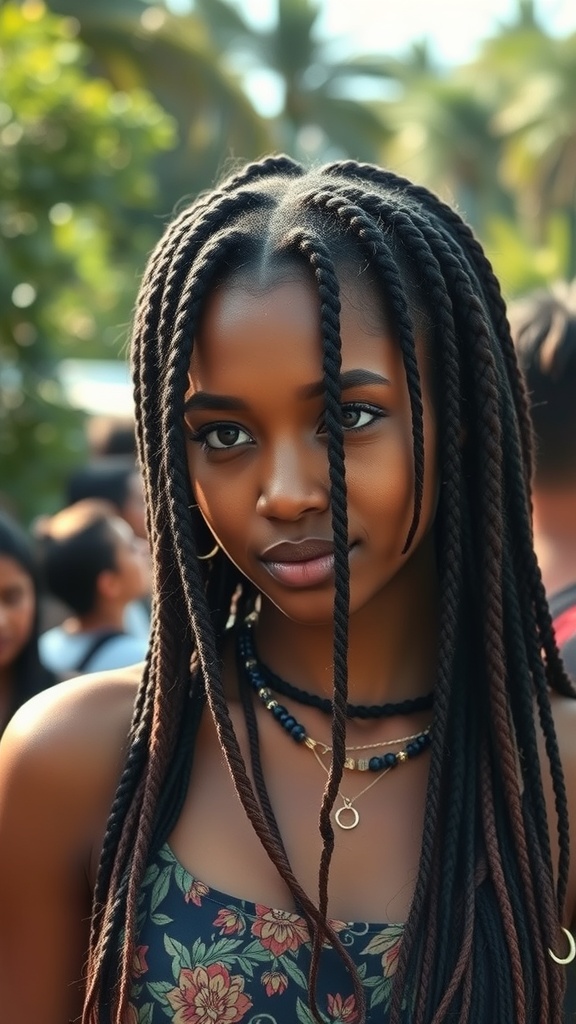 A young woman with braided hair, wearing a floral top and layered necklaces, surrounded by greenery.
