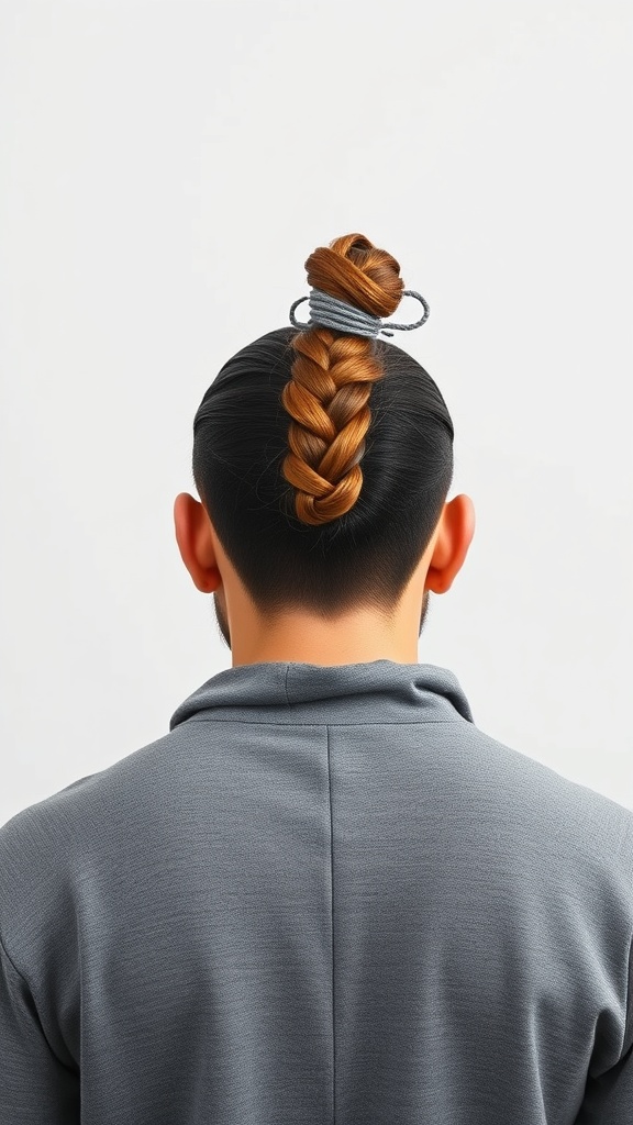 A man with a braided top knot hairstyle, showcasing a neat braid and a polished appearance.