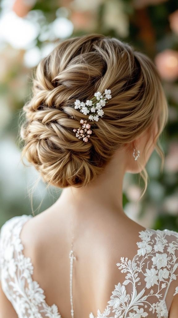 A beautiful braided tucked updo hairstyle adorned with small flowers.