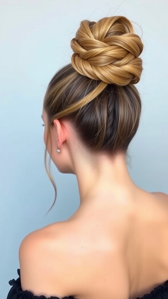 A woman with a braided updo and a shaved side hairstyle, showcasing a stylish and modern look.