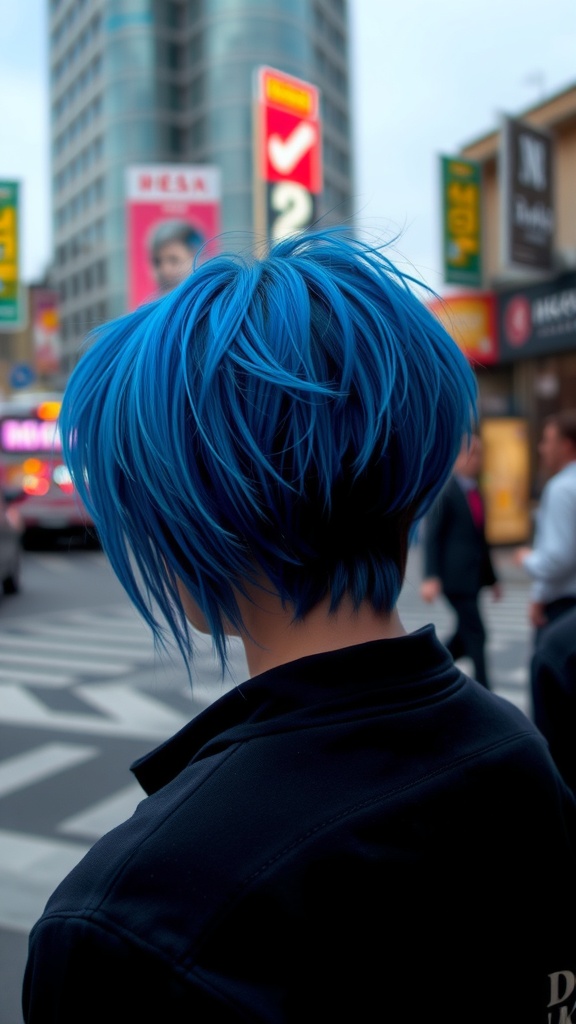 A person with bright blue spiky hair standing in an urban setting