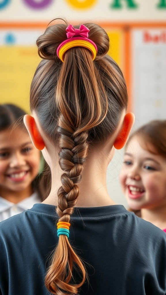 A girl with a bubble ponytail hairstyle, featuring colorful hair ties, smiling with friends in a school setting.