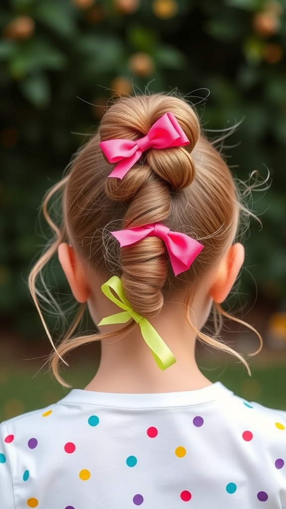A girl with a bubble ponytail hairstyle adorned with pink and green ribbons, wearing a polka-dotted shirt.